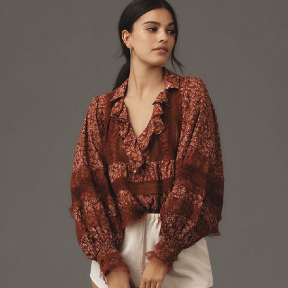 Anthropologie Ruffled V-Neck Popover Blouse Boho Floral Lace Top Red Large